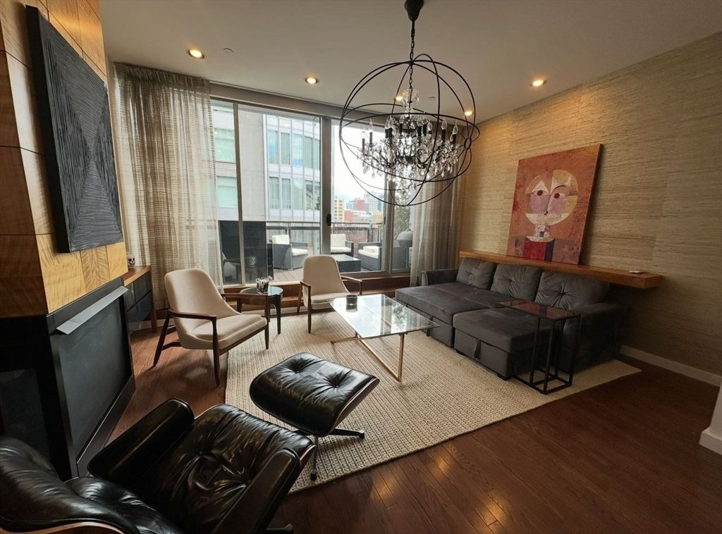 Chandelier, Interior, Living room, Recessed Lighting, Wood Texture Flooring