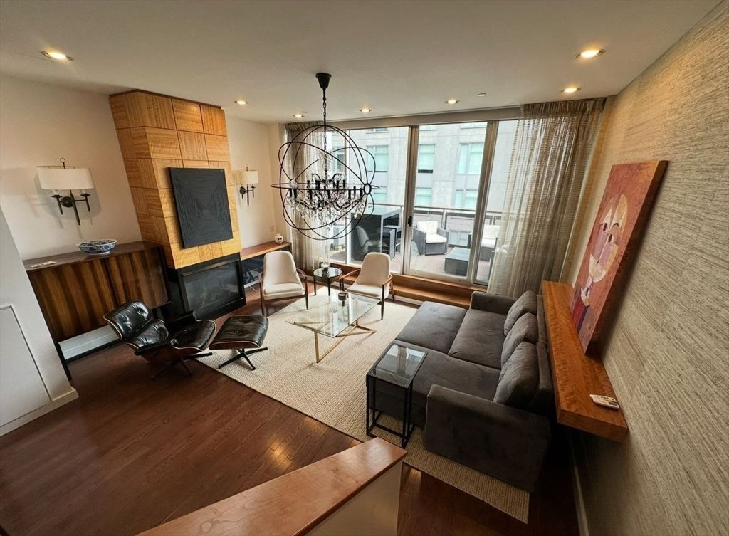 Chandelier, Dining room, Fireplace, Interior, Living room, Recessed Lighting, Wood Texture Flooring