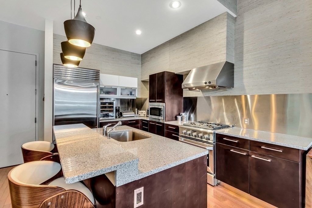 Interior, Kitchen, Pendant Lights, Recessed Lighting, Stainless Steel Appliances, Wood Texture Flooring