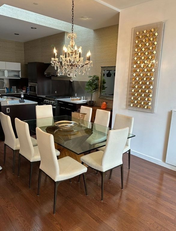 Chandelier, Dining room, Interior, Kitchen, Recessed Lighting, Wood Texture Flooring