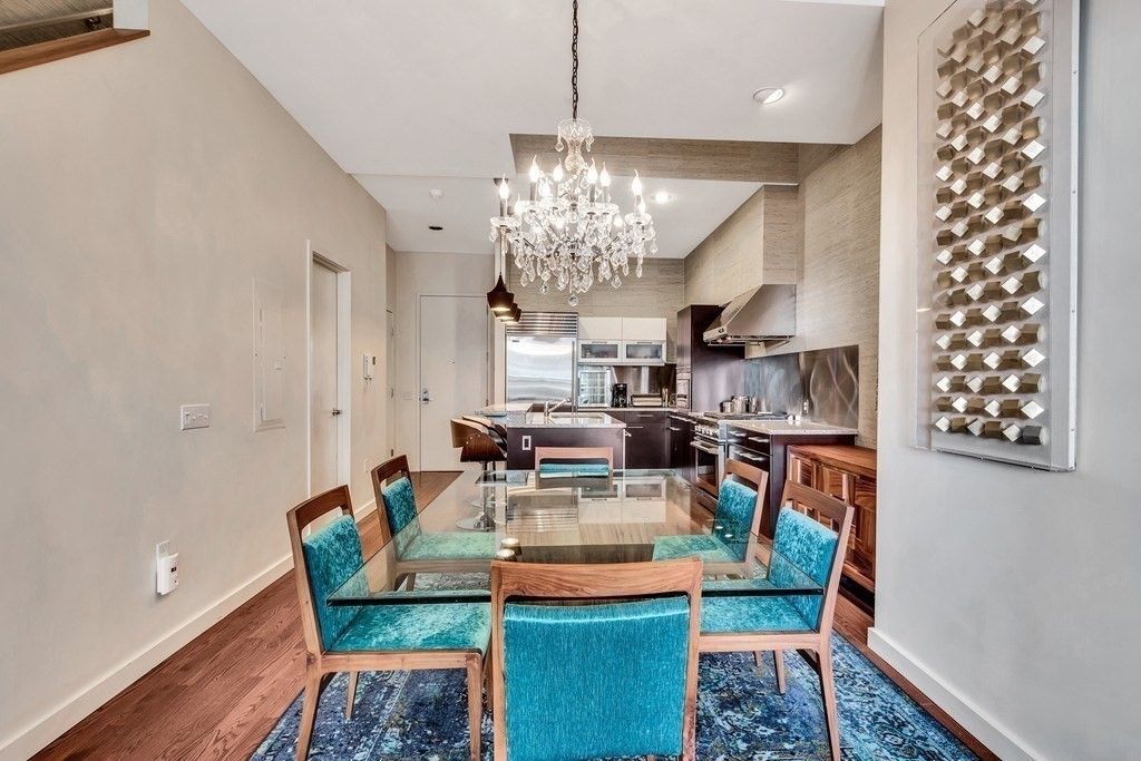 Chandelier, Dining room, Interior, Kitchen, Recessed Lighting, Stainless Steel Appliances, Wood Texture Flooring