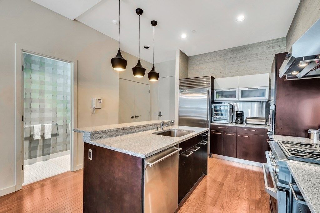 Interior, Kitchen, Pendant Lights, Recessed Lighting, Stainless Steel Appliances, Wood Texture Flooring