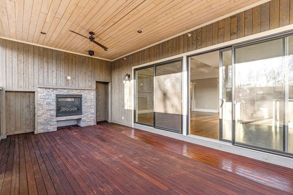 Empty room, Fireplace, Interior, Recessed Lighting, Wooden Ceilings, Wood Texture Flooring, Wooden Walls