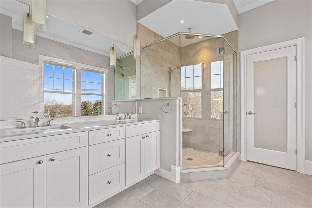 Bathroom, Dual Sink Vanities, Glass Shower, Interior, Recessed Lighting