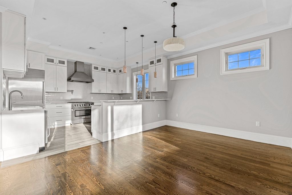 Interior, Kitchen, Pendant Lights, Recessed Lighting, Stainless Steel Appliances, Wood Texture Flooring
