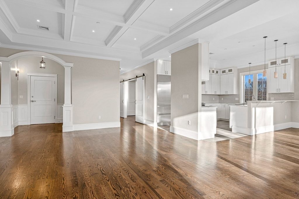 Empty room, Interior, Kitchen, Pendant Lights, Recessed Lighting, Wood Texture Flooring