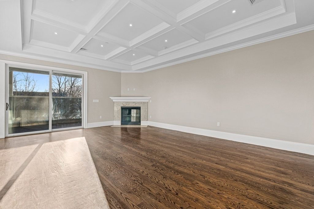 Empty room, Fireplace, Interior, Recessed Lighting, Wood Texture Flooring