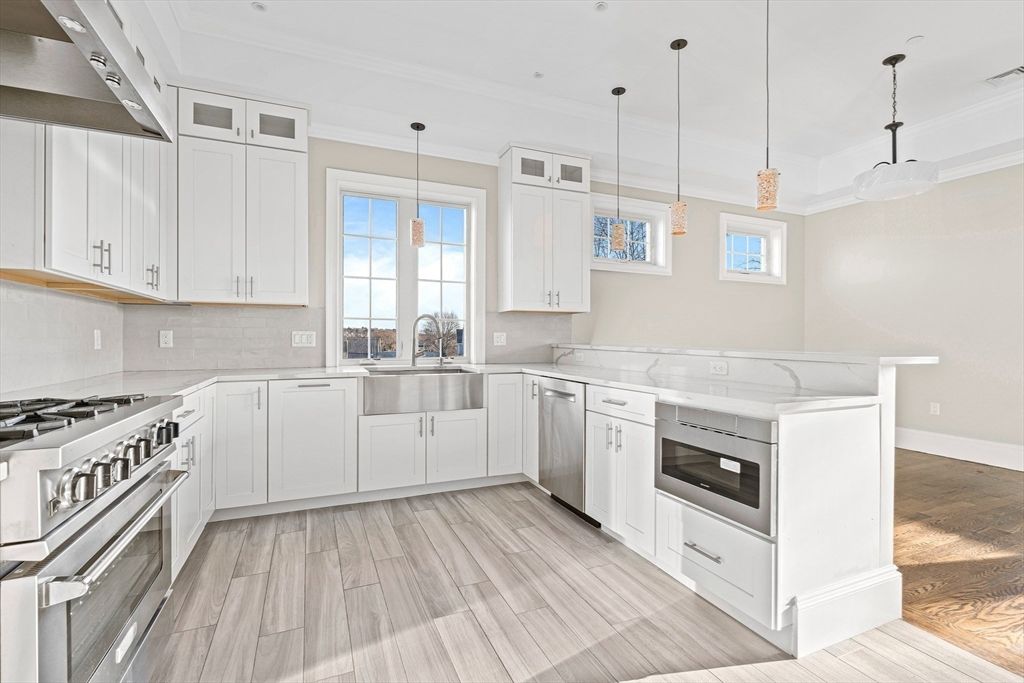 Interior, Kitchen, Pendant Lights, Stainless Steel Appliances, Wood Texture Flooring