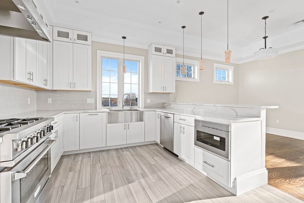 Interior, Kitchen, Pendant Lights, Stainless Steel Appliances, Wood Texture Flooring