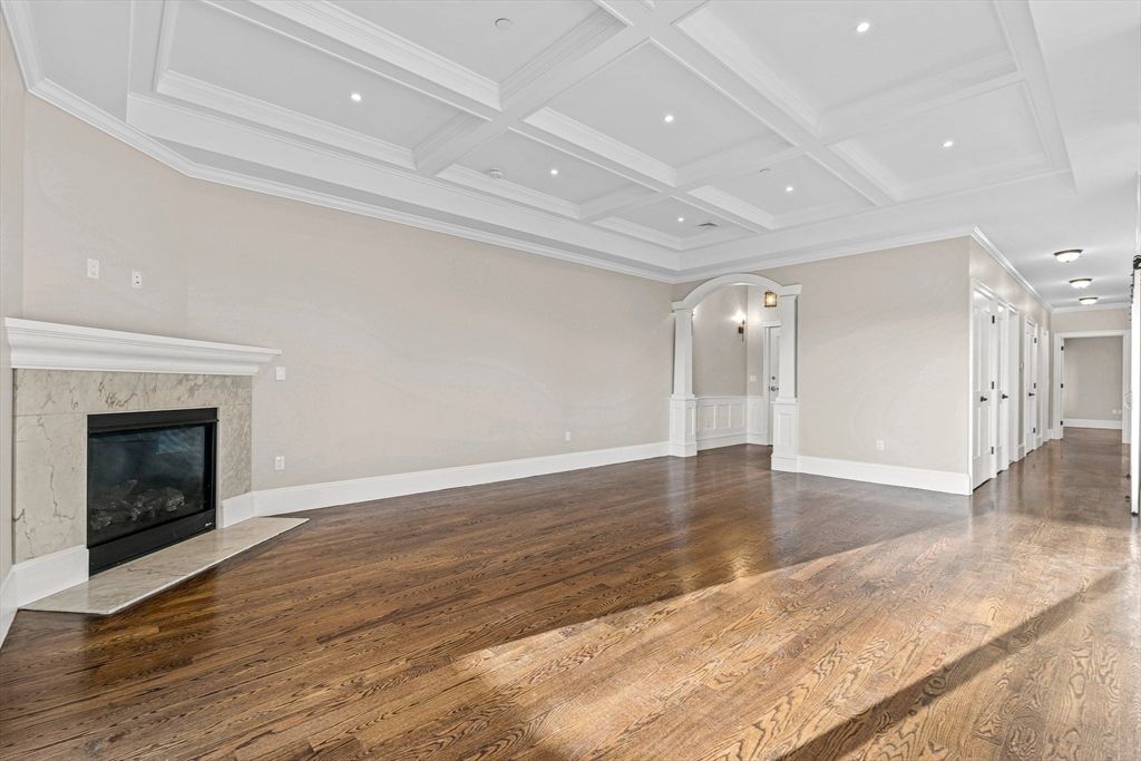Empty room, Fireplace, Interior, Recessed Lighting, Wood Texture Flooring