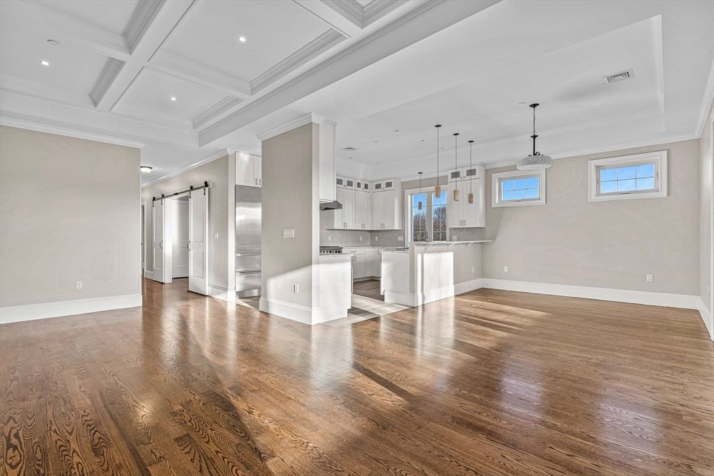 Empty room, Interior, Kitchen, Pendant Lights, Recessed Lighting, Wood Texture Flooring