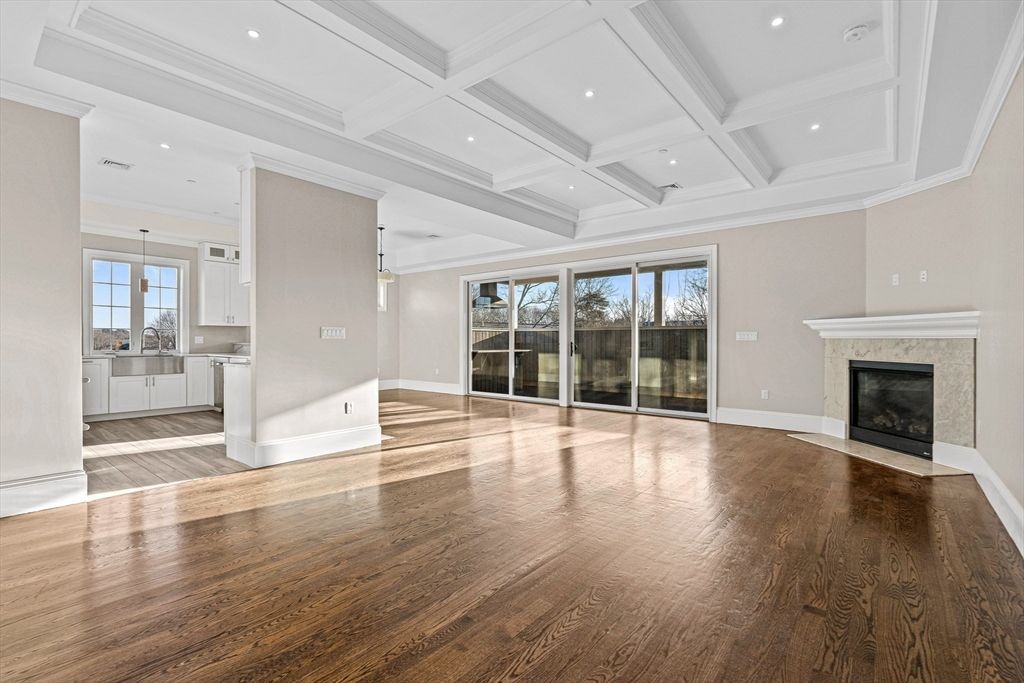 Empty room, Fireplace, Interior, Pendant Lights, Recessed Lighting, Wood Texture Flooring