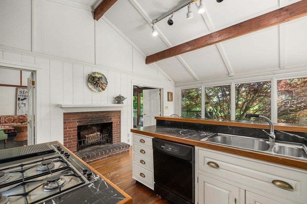Fireplace, Interior, Kitchen, Wooden Beams, Wood Texture Flooring