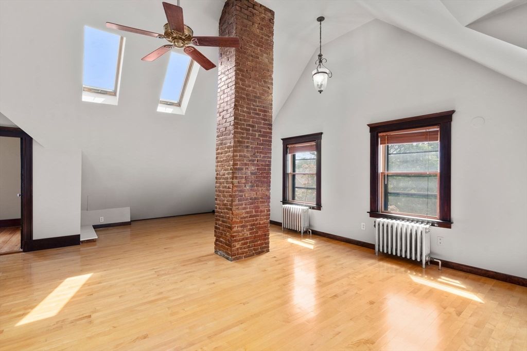 Empty room, Fireplace, Interior, Pendant Lights, Wood Texture Flooring