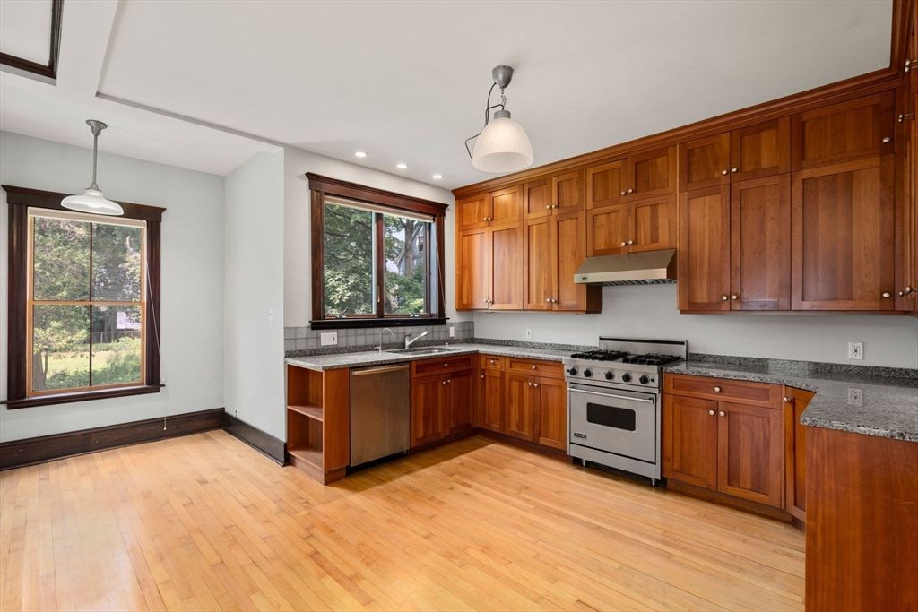 Interior, Kitchen, Pendant Lights, Recessed Lighting, Stainless Steel Appliances, Wood Texture Flooring