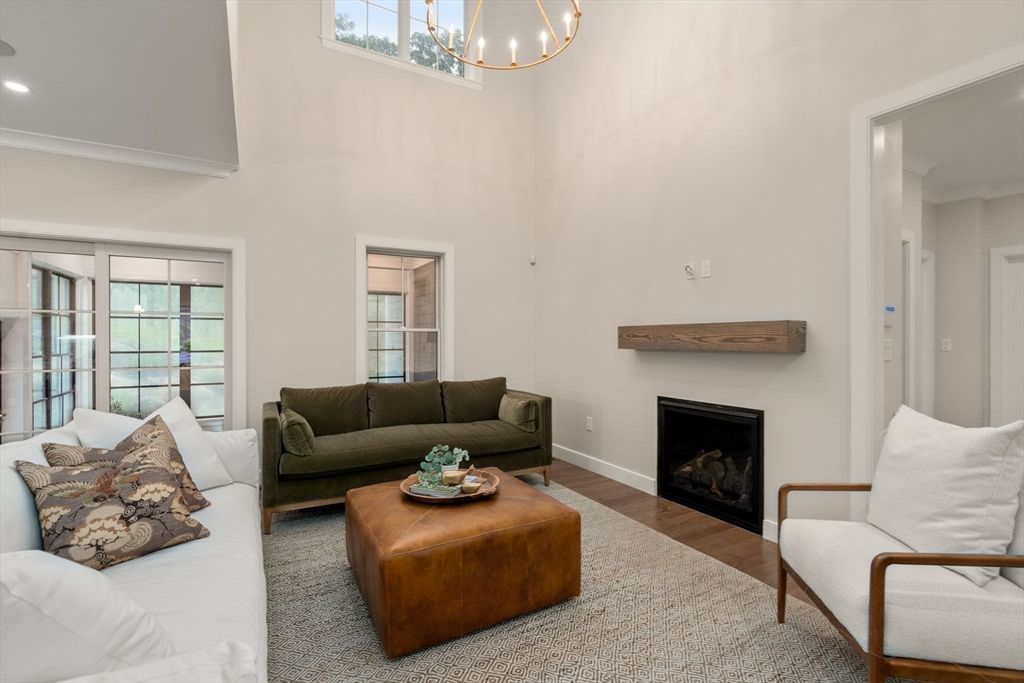 Fireplace, Interior, Living room, Recessed Lighting, Wood Texture Flooring