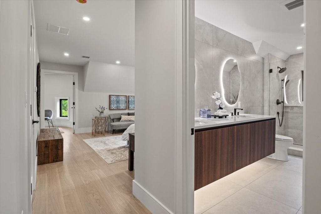 Bathroom, Bedroom, Dual Sink Vanities, Interior, Recessed Lighting, Wood Texture Flooring