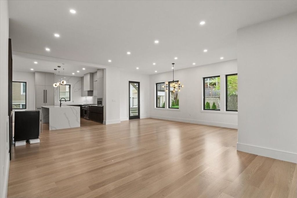 Empty room, Interior, Kitchen, Marble Walls, Pendant Lights, Recessed Lighting, Wood Texture Flooring