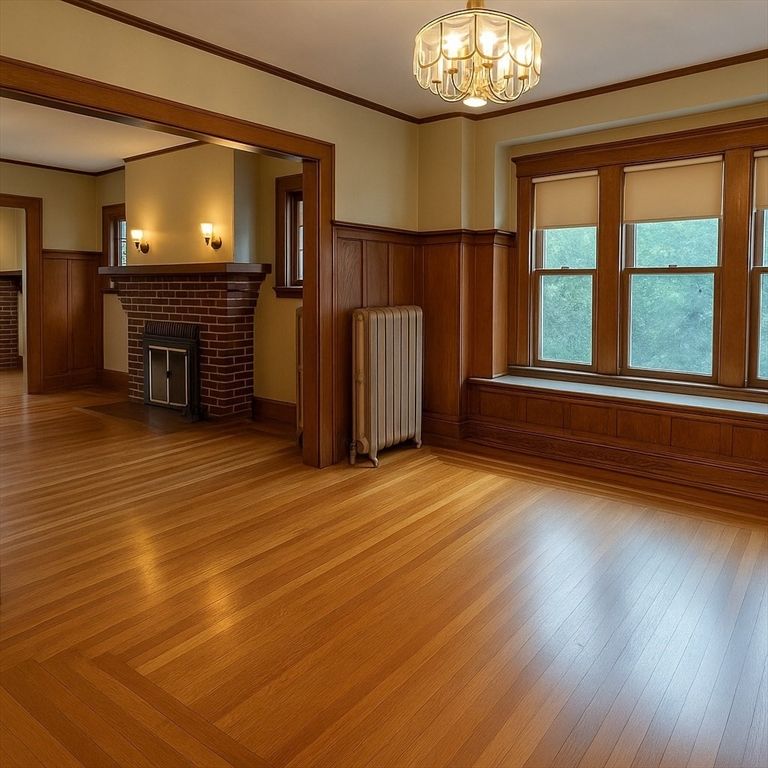 Chandelier, Empty room, Fireplace, Interior, Wood Texture Flooring