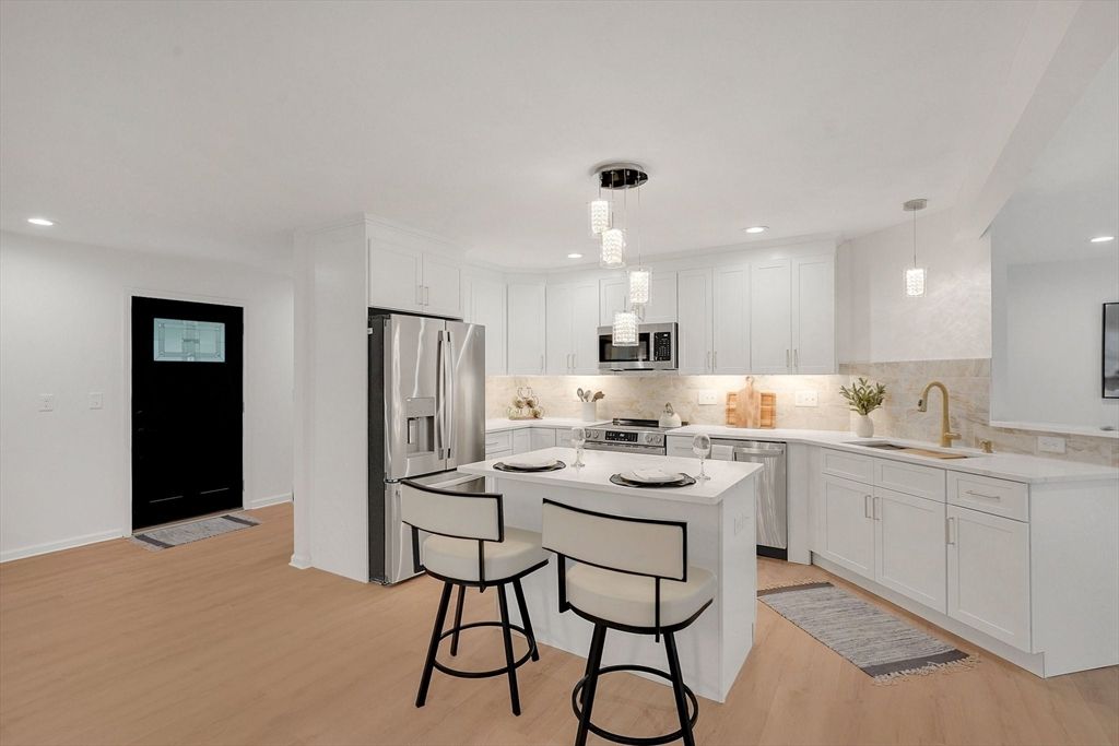 Interior, Kitchen, Pendant Lights, Recessed Lighting, Stainless Steel Appliances, Wood Texture Flooring