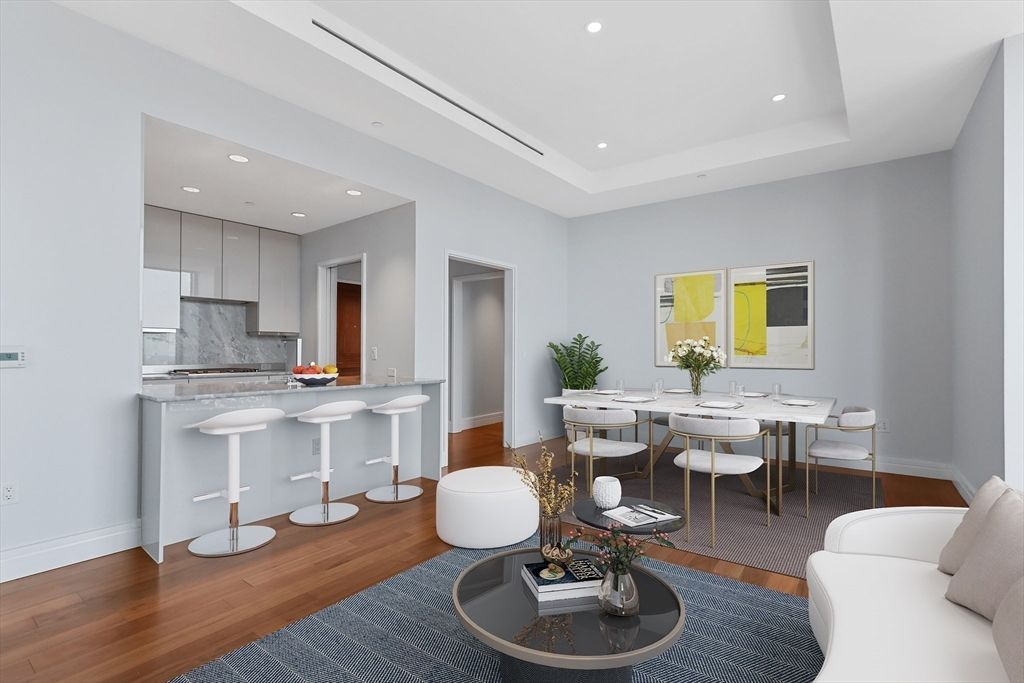 Dining room, Interior, Kitchen, Living room, Recessed Lighting, Stainless Steel Appliances, Wood Texture Flooring