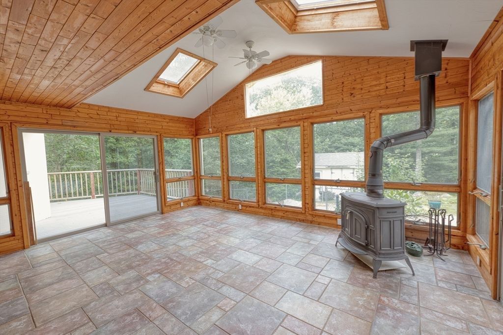 Empty room, Fireplace, Interior, Sun Room, Wooden Ceilings, Wooden Walls
