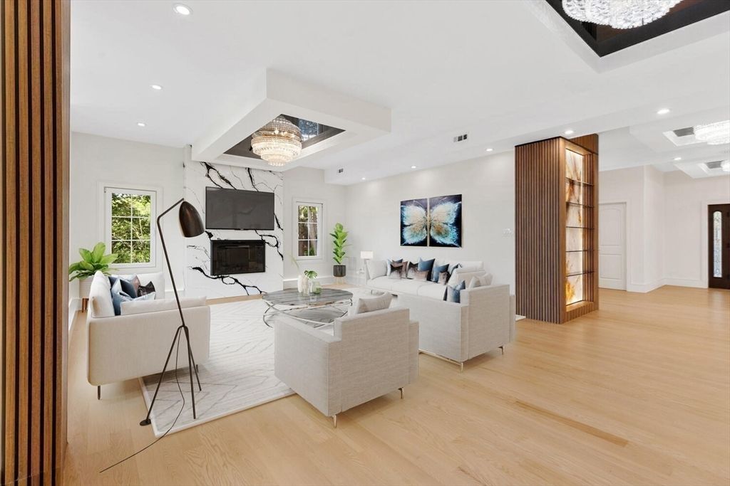 Fireplace, Interior, Living room, Recessed Lighting, Wood Texture Flooring