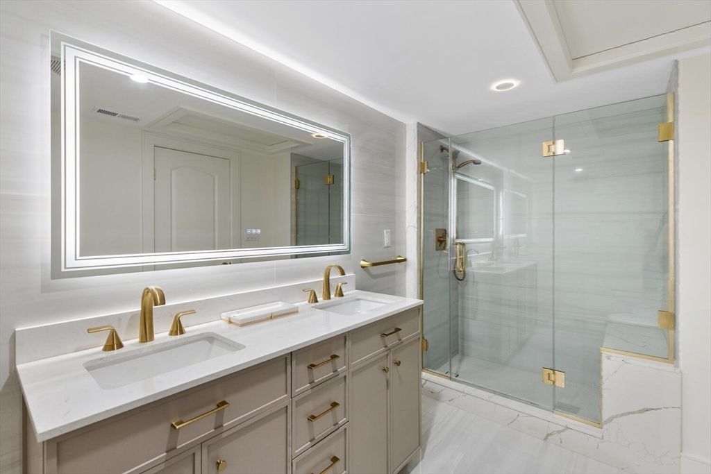 Bathroom, Dual Sink Vanities, Glass Shower, Interior, Marble, Recessed Lighting