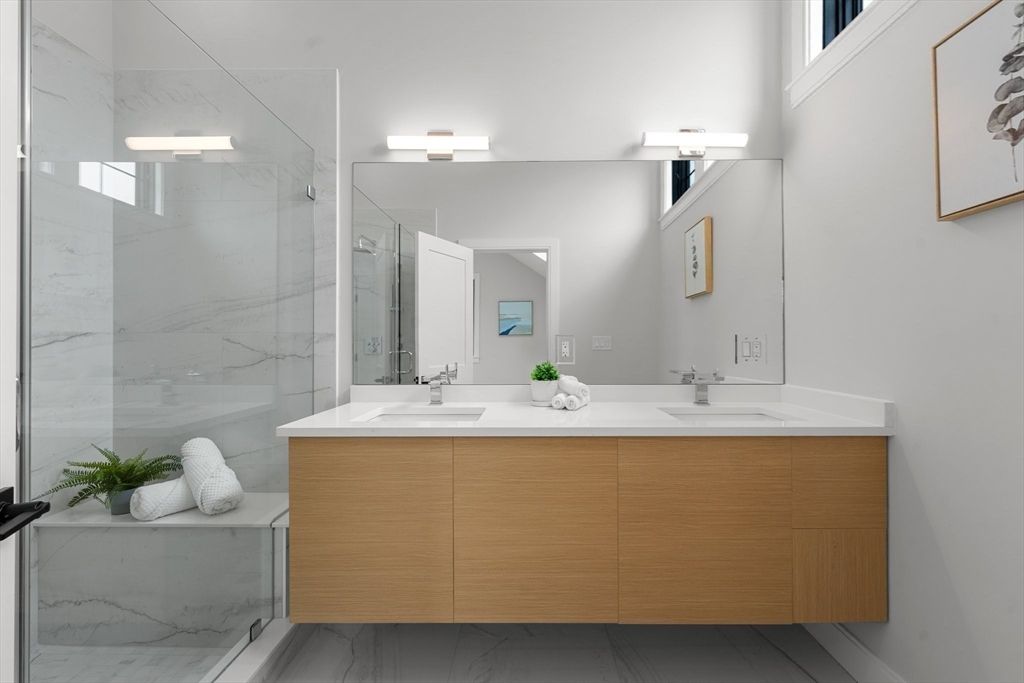 Bathroom, Dual Sink Vanities, Glass Shower, Interior, Marble, Marble Walls