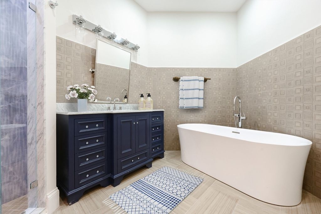 Bathroom, Dual Sink Vanities, Free Standing Baths, Interior, Wood Texture Flooring