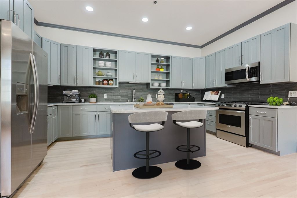 Interior, Kitchen, Recessed Lighting, Stainless Steel Appliances, Wood Texture Flooring