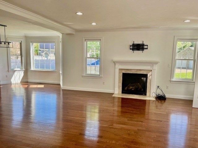 Empty room, Fireplace, Interior, Recessed Lighting, Wood Texture Flooring