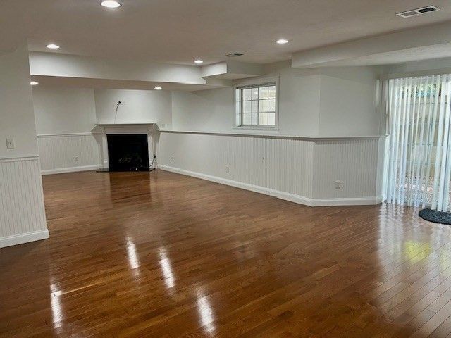 Empty room, Fireplace, Interior, Recessed Lighting, Wood Texture Flooring