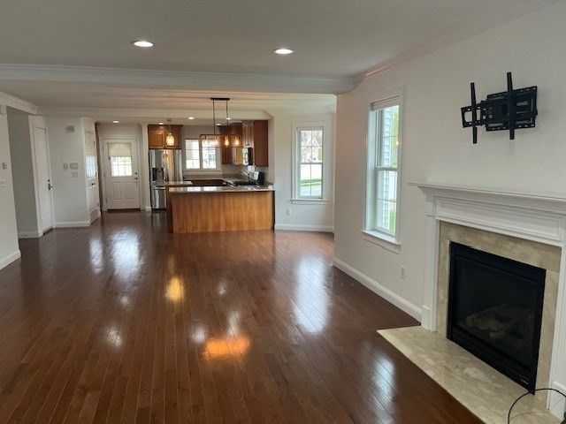Fireplace, Interior, Kitchen, Pendant Lights, Recessed Lighting, Wood Texture Flooring