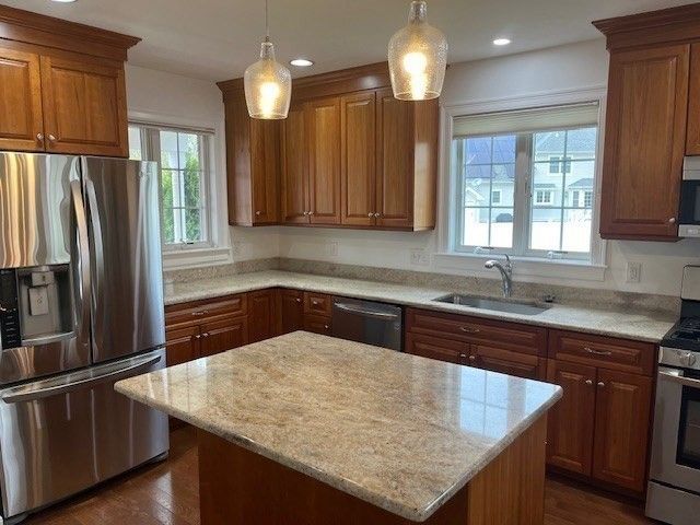 Interior, Kitchen, Pendant Lights, Recessed Lighting, Stainless Steel Appliances, Wood Texture Flooring