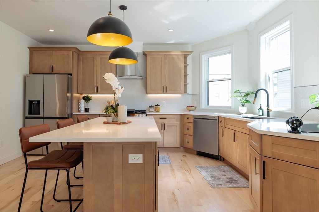 Interior, Kitchen, Pendant Lights, Recessed Lighting, Stainless Steel Appliances, Wood Texture Flooring
