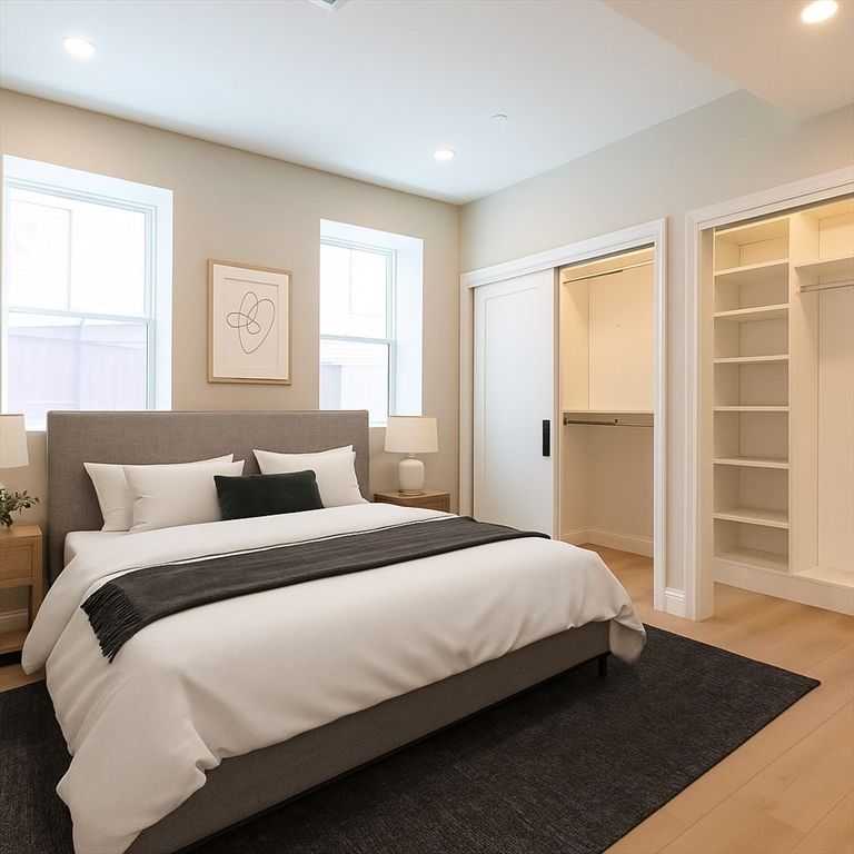 Bedroom, Interior, Recessed Lighting, Wood Texture Flooring