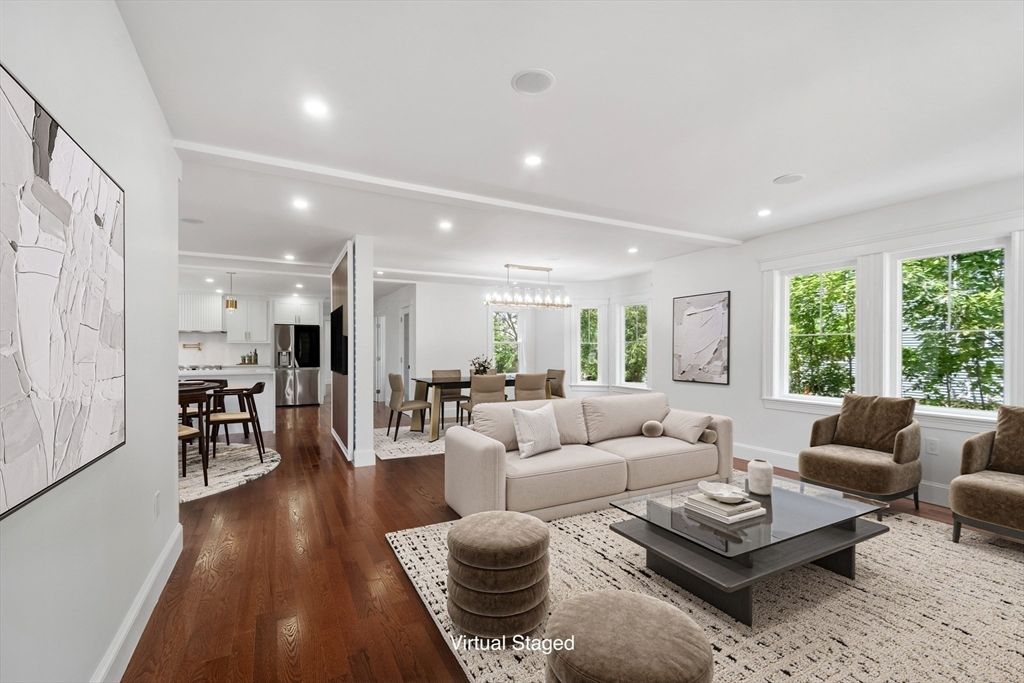 Dining room, Interior, Kitchen, Living room, Pendant Lights, Recessed Lighting, Stainless Steel Appliances, Wood Texture Flooring