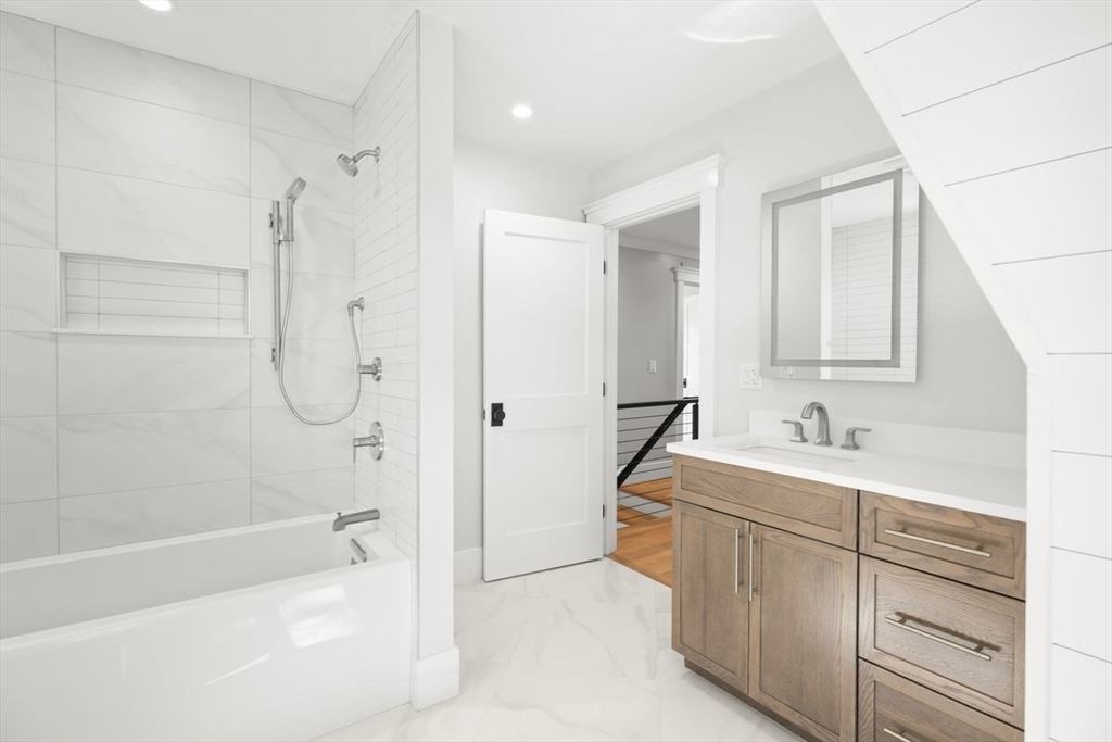 Bathroom, Glass Shower, Interior, Marble, Marble Walls, Recessed Lighting