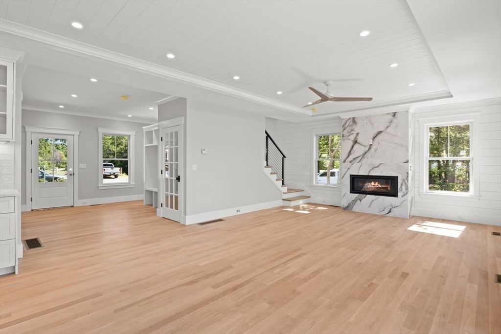 Empty room, Fireplace, Interior, Recessed Lighting, Wood Texture Flooring