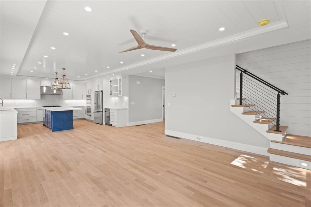 Chandelier, Interior, Kitchen, Pendant Lights, Recessed Lighting, Stainless Steel Appliances, Wood Texture Flooring