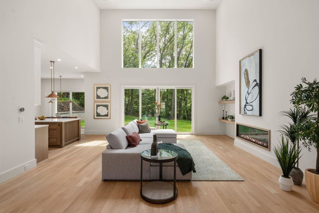 Fireplace, Interior, Living room, Pendant Lights, Recessed Lighting, Wood Texture Flooring