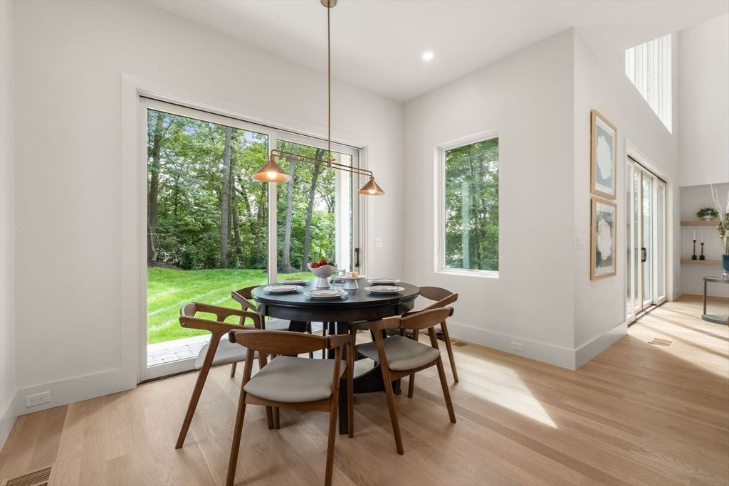 Dining room, Interior, Pendant Lights, Recessed Lighting, Wood Texture Flooring