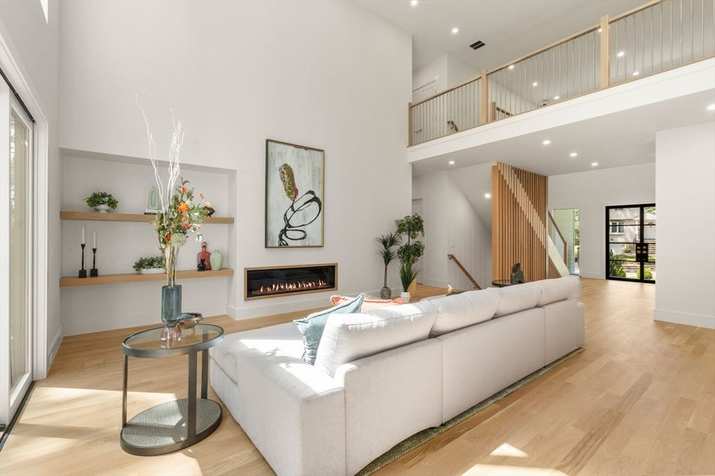 Fireplace, Interior, Living room, Recessed Lighting, Wood Texture Flooring