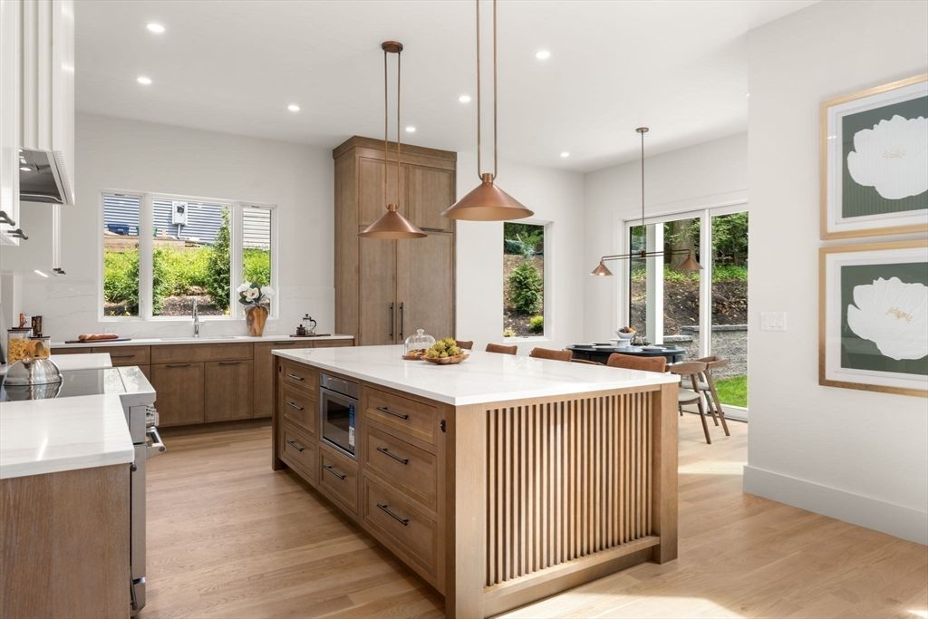 Dining room, Interior, Kitchen, Pendant Lights, Recessed Lighting, Wood Texture Flooring