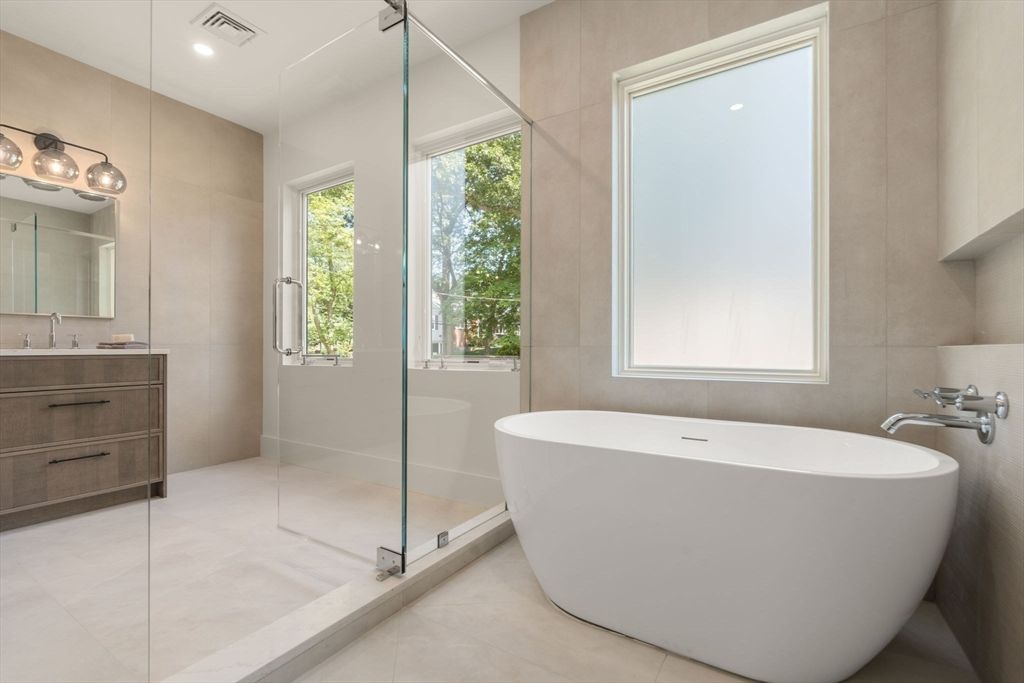Bathroom, Free Standing Baths, Glass Shower, Interior, Recessed Lighting