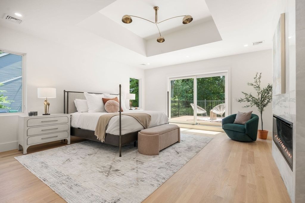 Bedroom, Fireplace, Interior, Recessed Lighting, Wood Texture Flooring