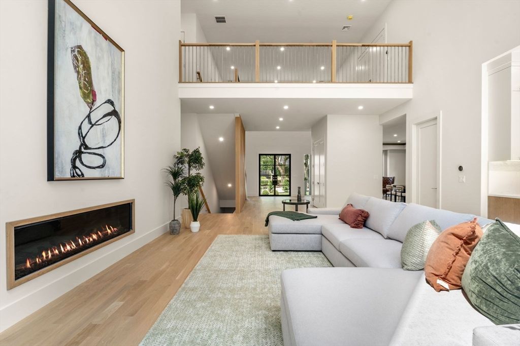 Fireplace, Interior, Living room, Recessed Lighting, Wood Texture Flooring