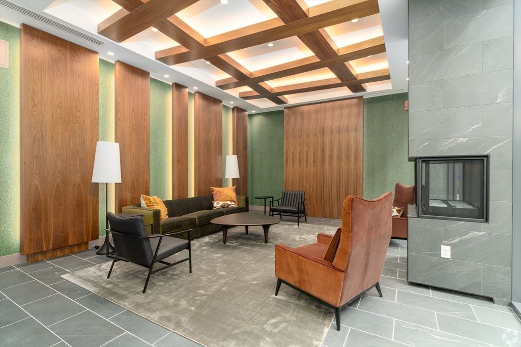 Fireplace, Interior, Living room, Recessed Lighting, Wooden Beams