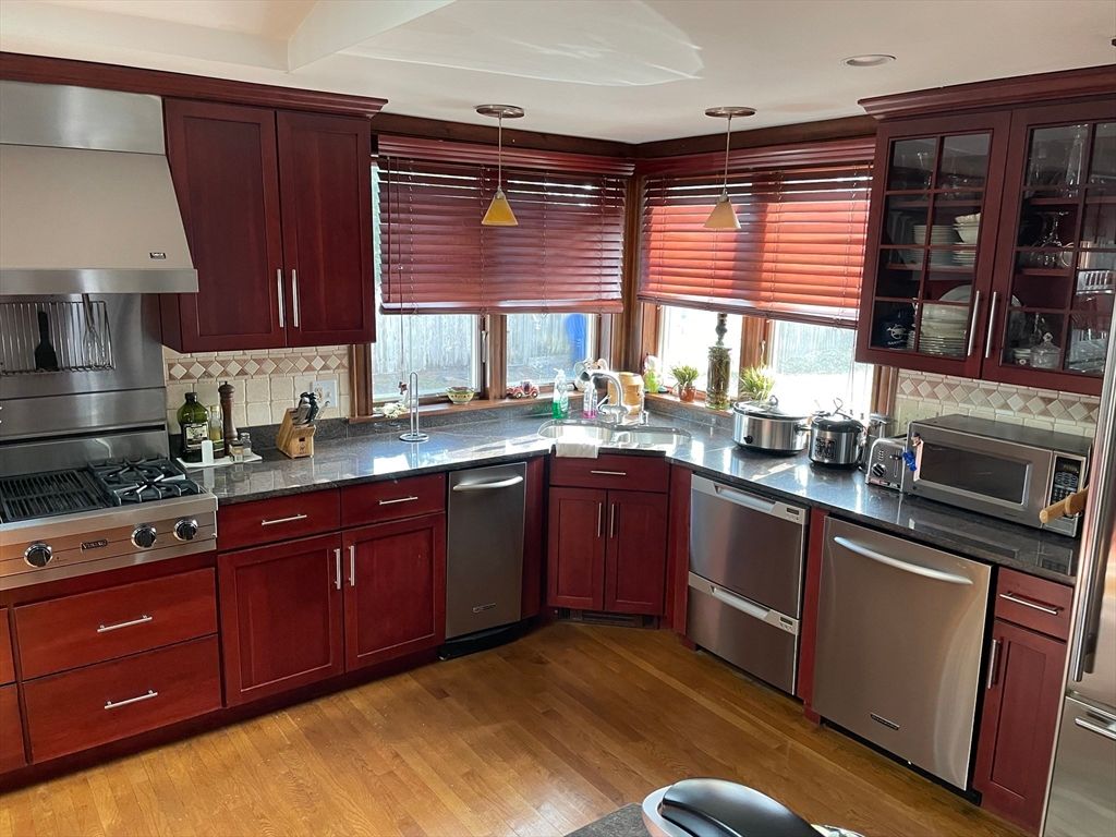 Interior, Kitchen, Pendant Lights, Recessed Lighting, Stainless Steel Appliances, Wood Texture Flooring